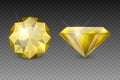 Vector 3d Realistic Yellow Transparent Gemstone, Diamond, Crystal, Rhinestones Icon Set Closeup Isolated. Jewerly