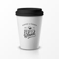 Vector 3d Relistic Paper or Plastic Disposable White Coffee Cup with Black Cap. Quote, Phrase about Coffee. Design Royalty Free Stock Photo