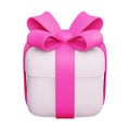 Vector 3d Render Gift Box. Closed Present Box With Pink Ribbon and Bow. For Surprise, Birthday Party, Baby Shower