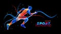 Vector 3d runner with neon light lines on black background with colorful spots. Liquid design with colored