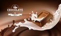 Vector 3D splashes of melted chocolate and milk with falling pieces of chocolate bars. Royalty Free Stock Photo