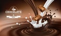 Vector 3D splashes of melted chocolate and milk with falling pieces of chocolate bars. Royalty Free Stock Photo