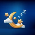 Vector 3d style illustration of golden moon, stars and clouds on blue background. Sleeping concept. Night dream icons