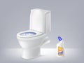 Vector mock up 3d toilet bowl, liquid disinfectant. Poster of detergent.