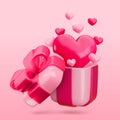 Vector 3d Valentines gift box concept. Cute love pink open present with red ribbon, bow and hearts. Realistic 3d render Royalty Free Stock Photo