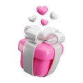 Vector 3d Valentines gift box concept. Cute love pink present with silver ribbon, bow and hearts on white. Realistic 3d Royalty Free Stock Photo