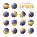 Vector 3d vibrant color striped sphere rotations and projections set
