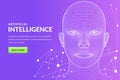 Vector 3d wireframe human face. Grid mesh head illustration. Future high technology, artificial intelligence concept