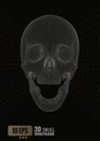 3D wireframe skull front view on dark BG