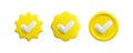 Vector 3d Yellow Check mark realistic icons set. Trendy plastic round starburst and wavy verified badge with checkmark