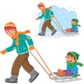 Vector dad, older brother dragging sled with little boy