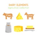 Vector dairy illustrations. Cow and goat cartoon illustration. Milk and cheese icons design. Flat argiculture collection