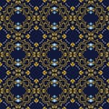 Vector damask seamless pattern background spiral curve cross vortex gold frame blue flower Royalty Free Stock Photo