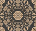 Vector damask seamless retro pattern background oriental spiral curve polygon cross leaf vine flower gourd. Elegant luxury brown