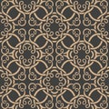 Vector damask seamless retro pattern background oriental spiral curve round cross vortex frame vine chain. Elegant luxury brown Royalty Free Stock Photo