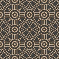 Vector damask seamless retro pattern background polygon geometry round cross frame flower dot line. Elegant luxury brown tone Royalty Free Stock Photo