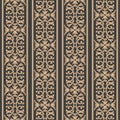 Vector damask seamless retro pattern background spiral curve cross frame chain leaf vine flower crest line. Elegant luxury brown