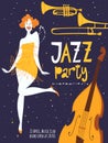 Vector dance jazz party poster. With beautiful dancing girl and musical instruments.