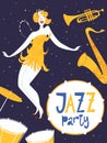 Vector dance jazz party poster. With cute dancing girl and musical instruments