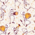 Vector dancing and musical skeletons Haloween repeat pattern background. Great for spooky fun party themed fabric, gifts