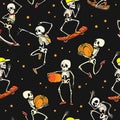 Vector dancing and skateboarding skeletons Haloween repeat pattern background. Great for spooky fun party themed fabric