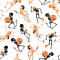 Vector dark black, orange dancing and plating music skeletons band Haloween repeat pattern background. Great for spooky