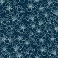 Vector dark blue background grey outlines cherry blossom sakura flowers seamless pattern background Royalty Free Stock Photo