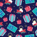 Vector dark blue Christmas gifts boxes and candles seamless repeat pattern background. Can be used for holiday giftwrap Royalty Free Stock Photo