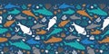 Vector dark blue colourful cute shark pen sketch horizontal border pattern. Perfect for wall mural, posters or greeting Royalty Free Stock Photo