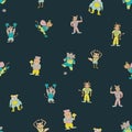 Vector dark blue fun anthromorph cartoon characters seamless pattern background