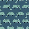 Vector dark blue pen skech rows of cute green garbage trucks seamless pattern. Suitable for textile, gift wrap and