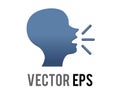 Vector dark blue silhouette of speaking person head icon with lines demonstrating speech