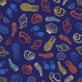 Vector dark blue tropical beach pattern with seashells, pinapples and hats. Perfect for fabric, scrapbooking, wallpaper