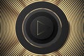 Vector dark circle icon with play button. Black and gold speaker illustration. Black golden music background. Royalty Free Stock Photo