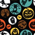 Vector dark colourful hand drawn halloween spooky silhouettes in circles repeat pattern. Suitable for invitation card, halloween