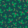 Vector dark green, red holly berry and mistletoe holiday seamless pattern background. Great for winter themed packaging