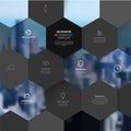 Vector dark minimalist Infographic template with hexagons mosaic and background photo Royalty Free Stock Photo