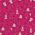 Vector dark pink cute and fun chef tools with polka dots seamless pattern background