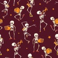 Vector dark red dancing and plating music skeletons band Haloween repeat pattern background. Great for spooky fun party Royalty Free Stock Photo
