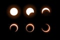 Vector Dark total and partial solar eclipse, several phases. Black background - isolated illustration Royalty Free Stock Photo