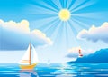 Vector day seascape with sailboat and lighthouse Royalty Free Stock Photo