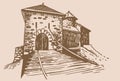 Vector de Thorens castle on sepia background, graphical illustration, medieval architecture of France