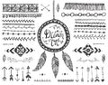 Vector decor set, collection of hand drawn doodle boho style dividers, borders, arrows, design elements, dream catchers Royalty Free Stock Photo