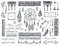 Vector decor set, collection of hand drawn doodle boho style dividers, borders, arrows, design elements, dream catchers