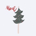 Vector decorated Christmas tree, handwritten phrase Noel