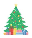 Vector decorated Christmas tree with presents isolated on white background. Cute funny illustration of new year symbol. Flat style