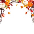 Decorative frame background with pumpkins and colorful autumn leaves. Vector illustration. Royalty Free Stock Photo