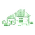Vector decorative graphic composition with wooden houses. The concept of ecological traditional construction.
