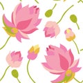 Vector decorative illustration of Lotus flowers and leaves. Seamless pattern isolated on a white background. Royalty Free Stock Photo