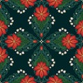 Vector decorative pattern with kaleidoscope poinsettia. Seamless festive tracery texture with Christmas flowers with foliage